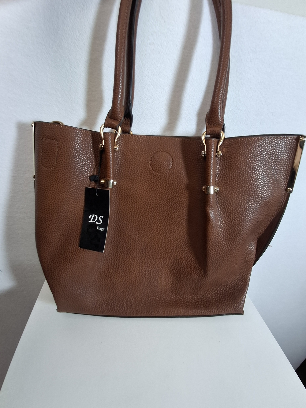 DS BAGS Brown Pebbled Tote with Gold Accents